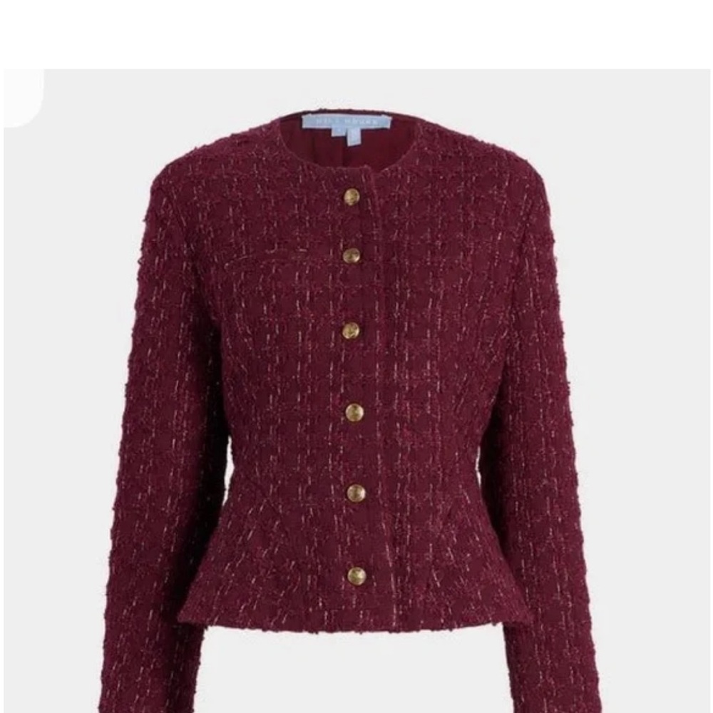 HILL HOUSE - NEW - Wool-Blend Tweed Peplum Jacket in Burgundy